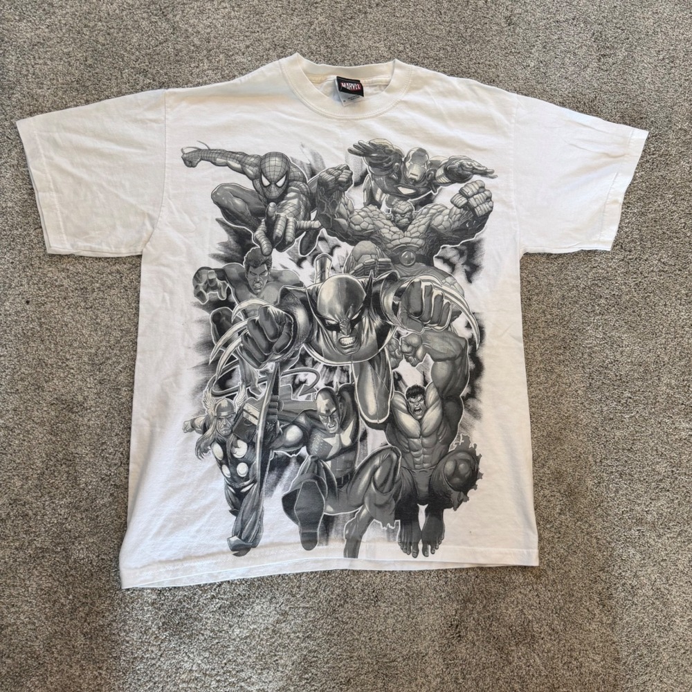 Y2K Marvel Mad Engine Mens White Grayscale Superhero Graphic T-Shirt Size M